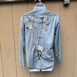Vintage 70s Sears Women’s Cotton Long Sleeve Button-Up Embroidered Cranes S